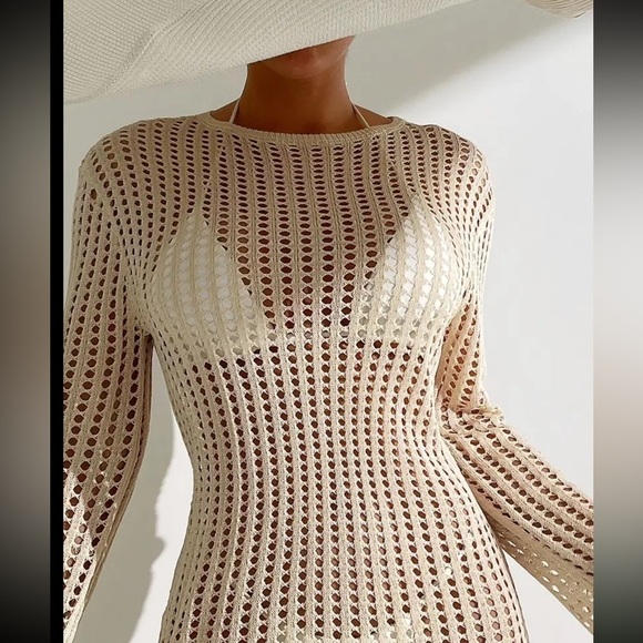 Hollow Out Tassel Trim Dress, Sexy Beach Wear Long Sleeve Cover Up Dress - Picture 3 of 4